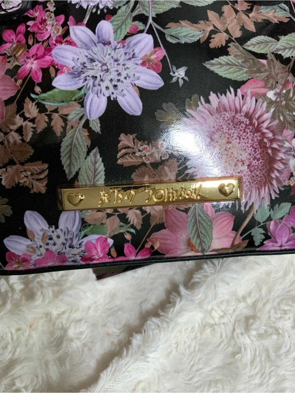 Betsey Johnson Black Floral Dome Satchel with Pink & Purple Flowers